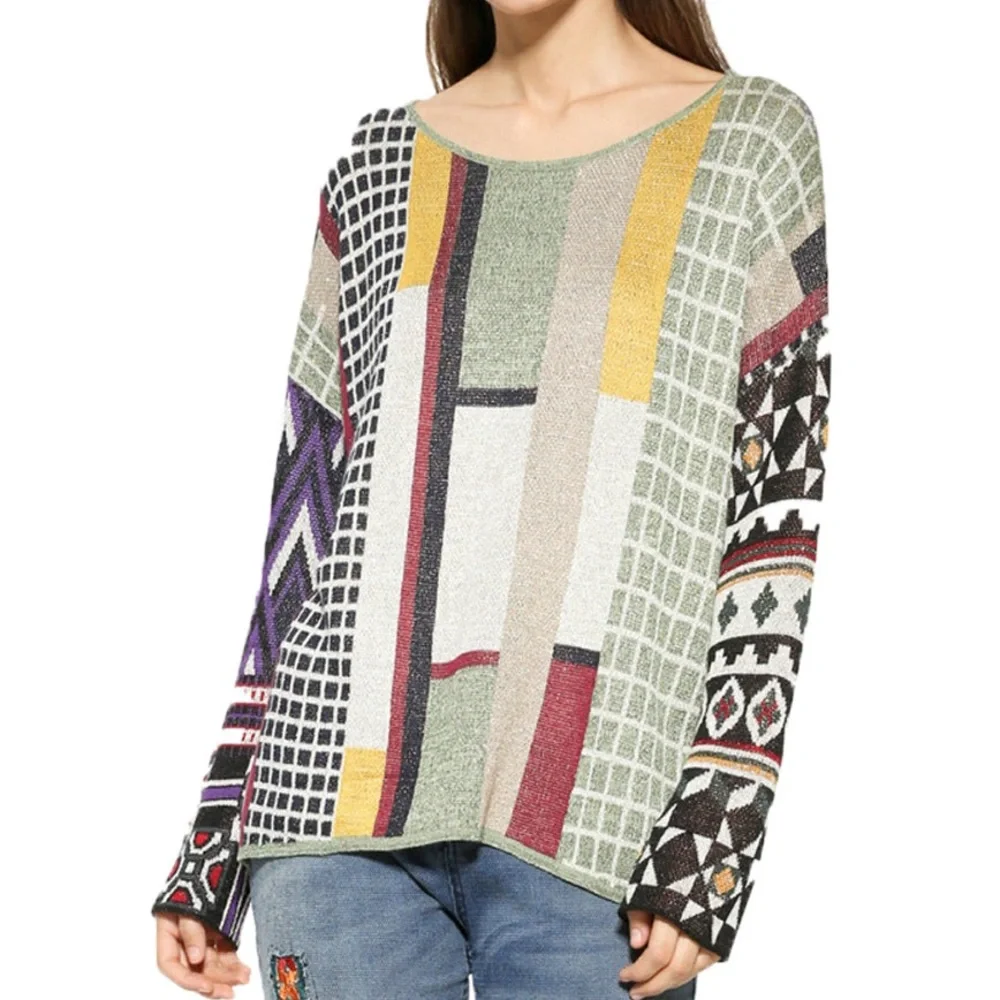Desigual Silvershalis Patchwork Mixed Print Metallic Detail Nordic Sweater Small
